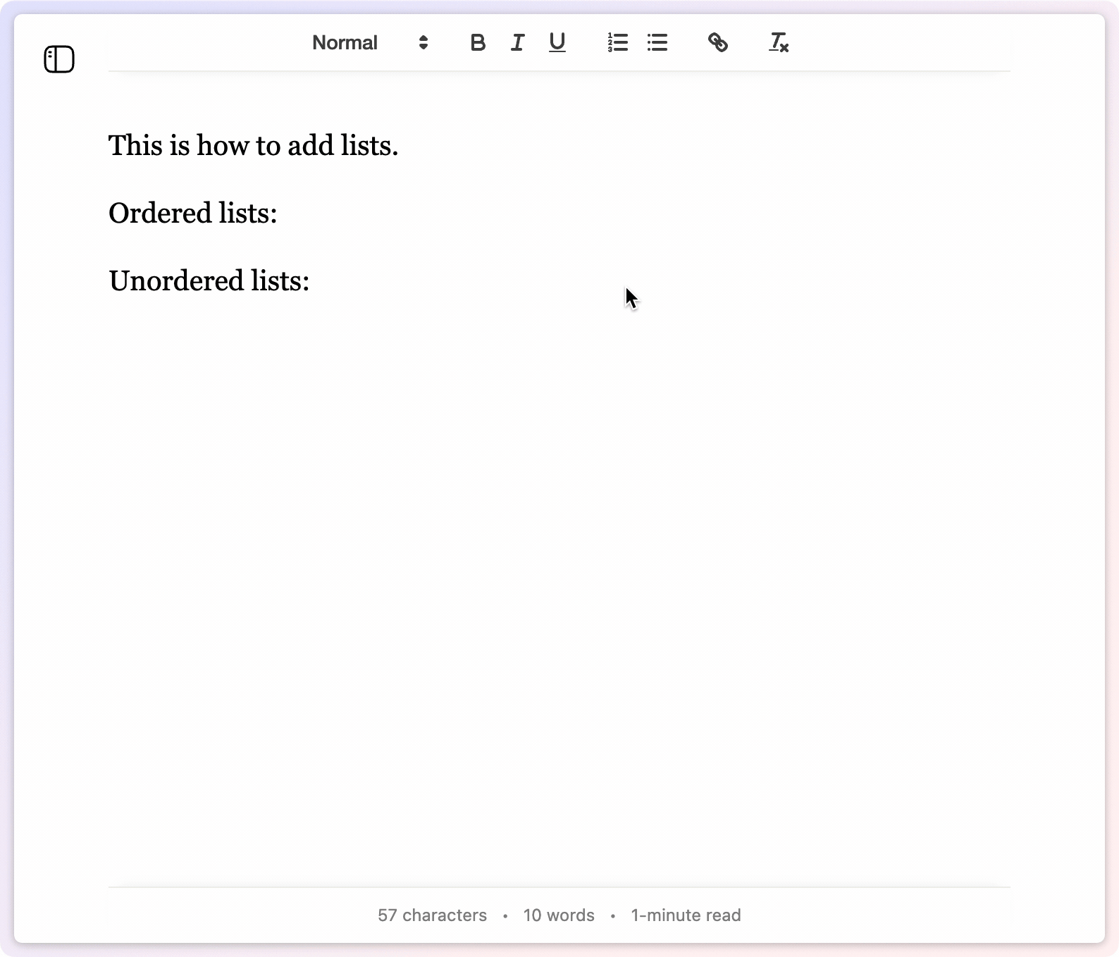 How to create lists Online Writing App